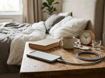 Fotorealistische Aufnahme von Ladekabel am Nachttisch zum Thema Anker USB-C auf Lightning, natuerliches Licht - Foto: THN