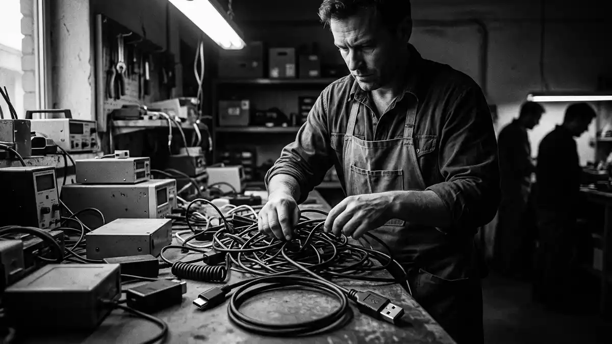 Schwarzweiss-Reportagebild mit Ladekabel in dokumentarischer Arbeitsumgebung, neutral