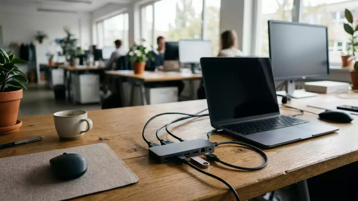 Fotorealistische Ansicht von Laptop-Hub im Buero in realer Umgebung, neutral