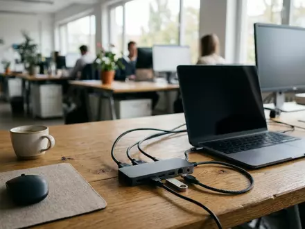 Fotorealistische Aufnahme von Laptop-Hub im Buero zum Thema Anker 543 USB-C Hub, natuerliches Licht - Foto: THN