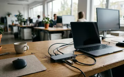 Fotorealistische Aufnahme von Laptop-Hub im Buero zum Thema Anker 543 USB-C Hub, natuerliches Licht - Foto: THN