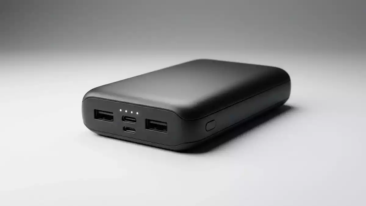 Fotorealistische Studioansicht von Powerbank in neutraler Produktdarstellung, neutral