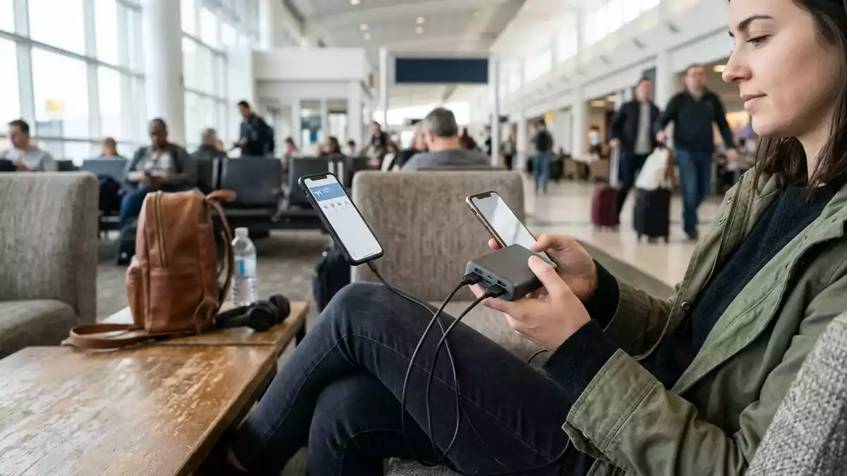 Fotorealistische Ansicht von Powerbank in der Flughafenlounge in realer Umgebung