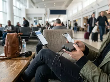 Fotorealistische Aufnahme von Powerbank in der Flughafenlounge zum Thema Anker 737 Powerbank 24000mAh, natuerliches Licht - Foto: THN