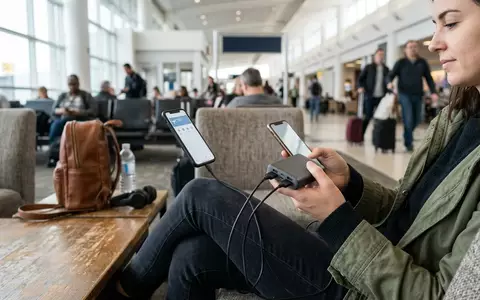 Fotorealistische Aufnahme von Powerbank in der Flughafenlounge zum Thema Anker 737 Powerbank 24000mAh, natuerliches Licht - Foto: THN
