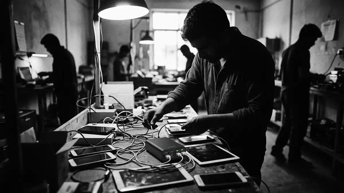 Schwarzweiss-Reportagebild mit Powerbank in dokumentarischer Arbeitsumgebung, neutral