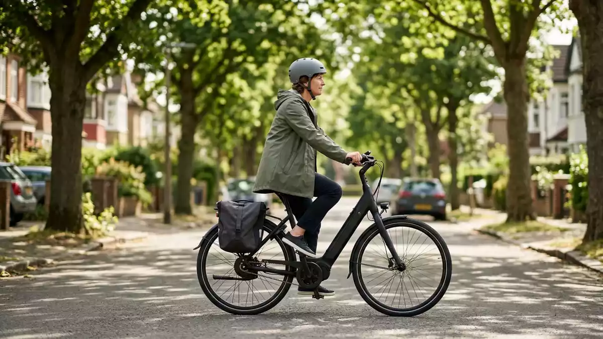Fotorealistische Ansicht von Elektro Cityrad beim Pendeln in realer Umgebung, neutral