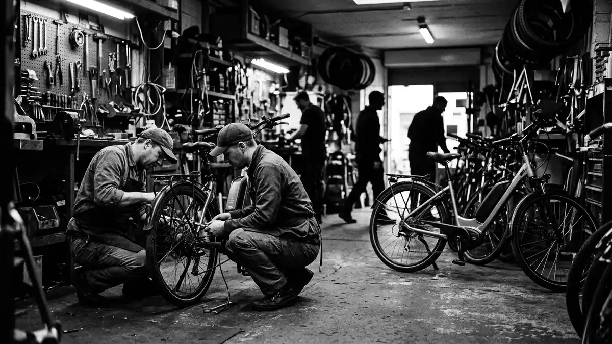 Schwarzweiss-Reportagebild mit Elektro Cityrad in dokumentarischer Arbeitsumgebung