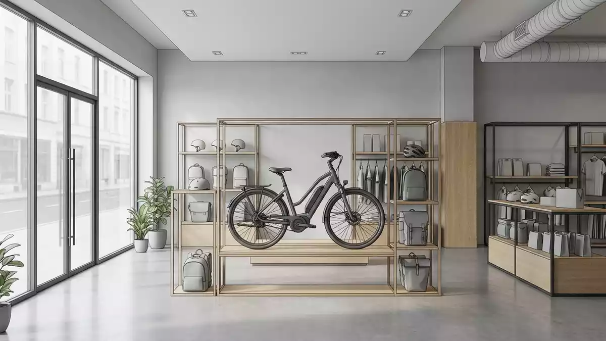Architektur-Render im Fahrradladen mit Elektro Cityrad im Ausstellungsbereich, neutral