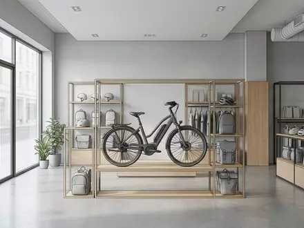 Architektur-Render im Fahrradladen mit Elektro Cityrad zum Thema KTM Macina Delight 610, neutrales Tageslicht - Foto: THN