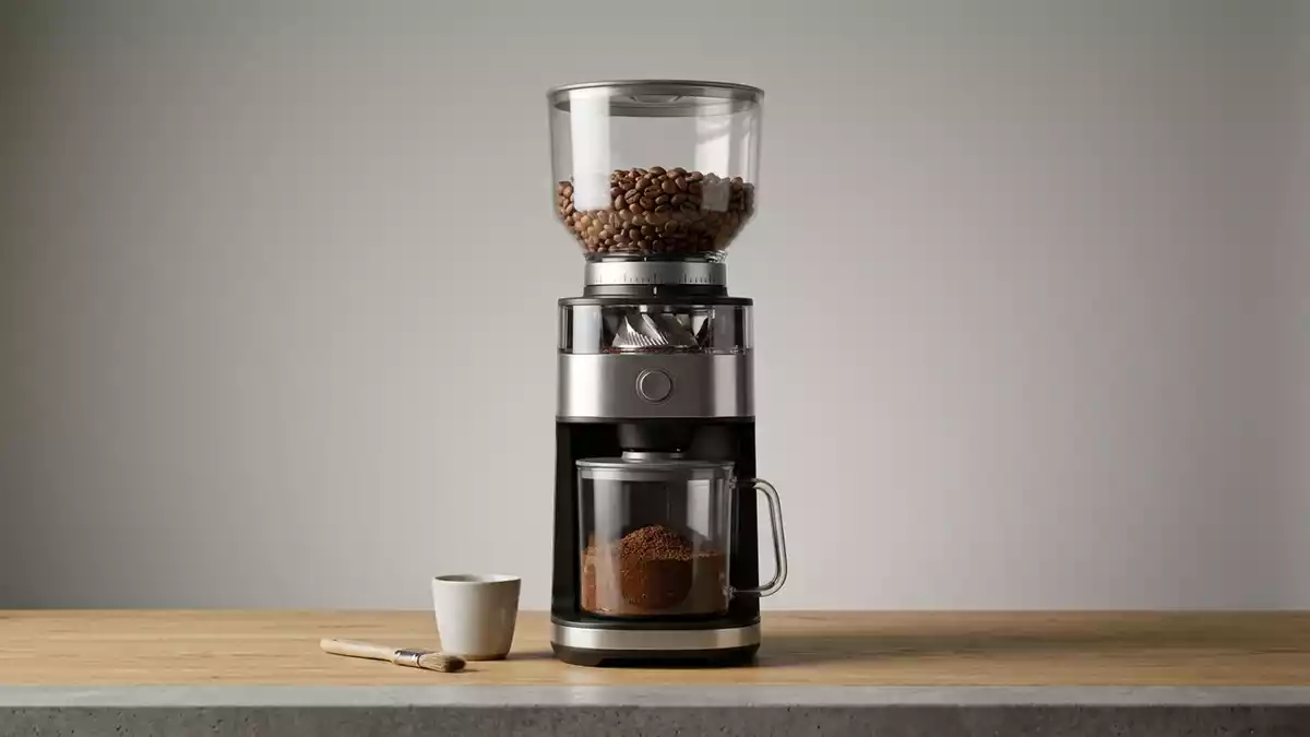 Fotorealistische Studioansicht von Kaffeemuehle in neutraler Produktdarstellung