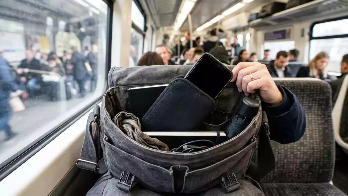 Fotorealistische Ansicht von Handytasche beim Pendeln in realer Umgebung, neutral