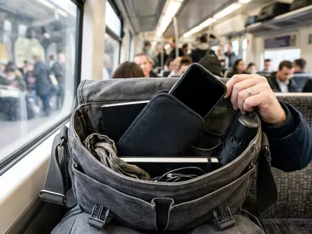 Fotorealistische Aufnahme von Handytasche beim Pendeln zum Thema kwmobile Universalhülle Neopren Handytasche, natuerliches Licht - Foto: THN