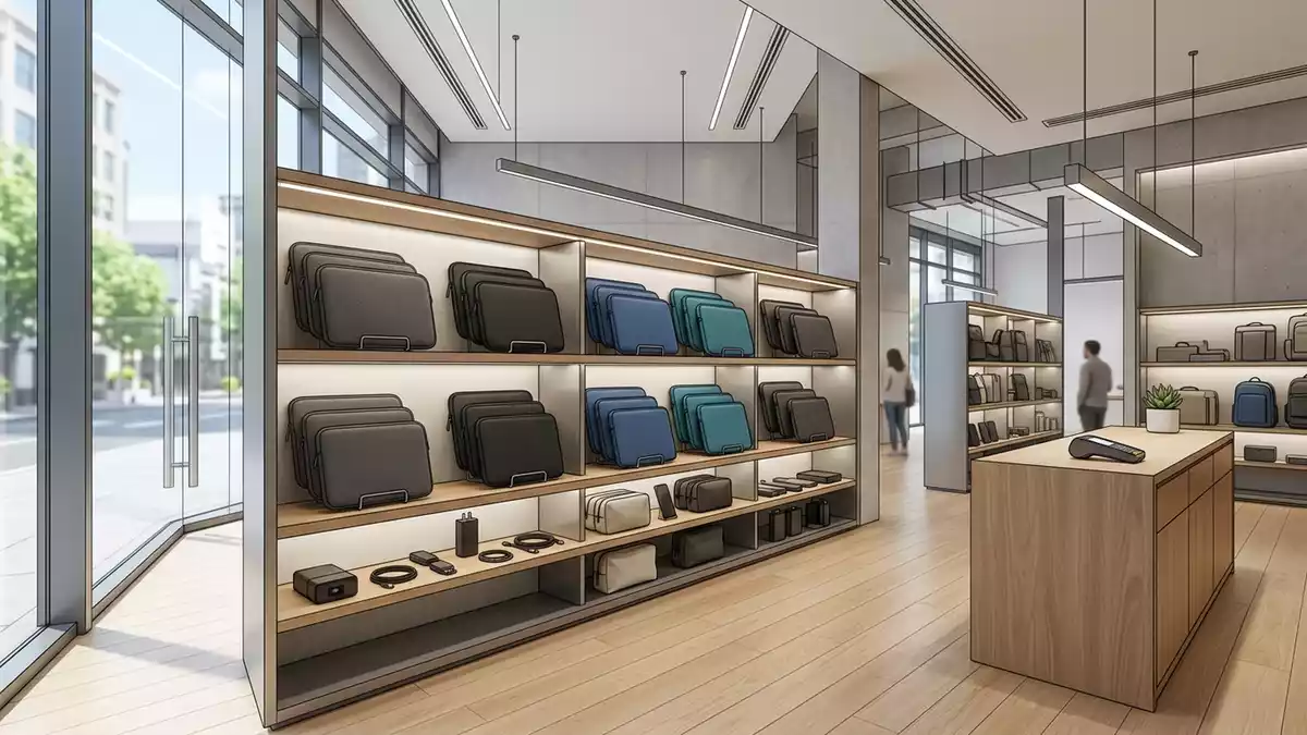 Architektur-Render im Zubehoerladen mit Handytasche im Ausstellungsbereich, neutral