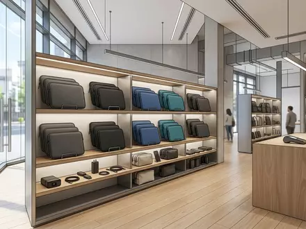 Architektur-Render im Zubehoerladen mit Handytasche zum Thema kwmobile Universalhülle Neopren Handytasche, neutrales Tageslicht - Foto: THN