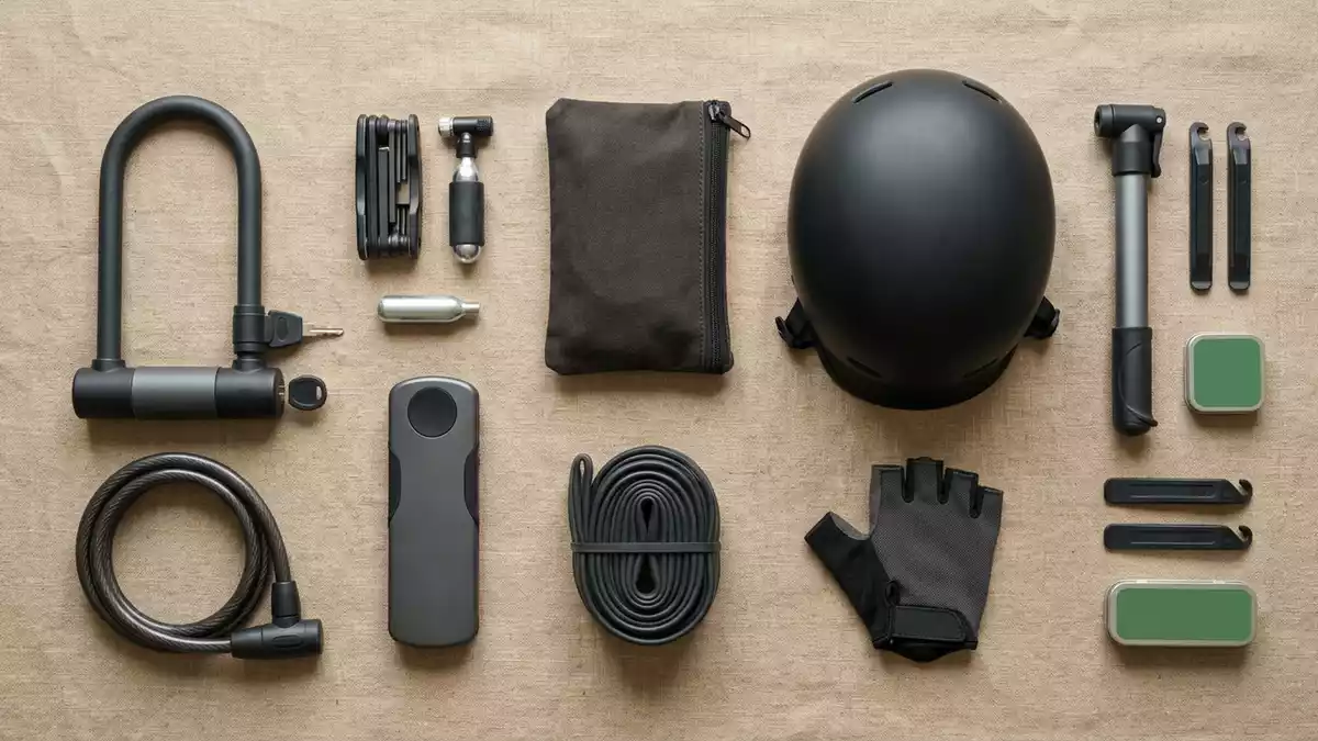 Flatlay-Arrangement rund um Buegelschloss mit passenden Requisiten von oben, neutral