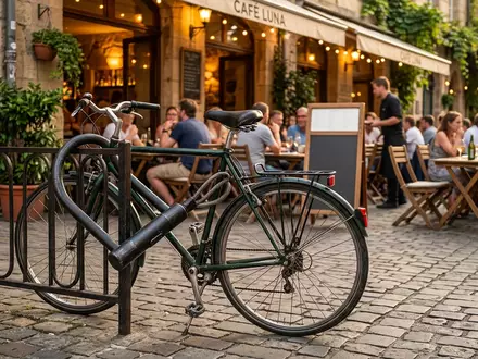 Fotorealistische Aufnahme von Buegelschloss am Cafe zum Thema Kryptonite New York Standard, warmes Abendlicht - Foto: THN
