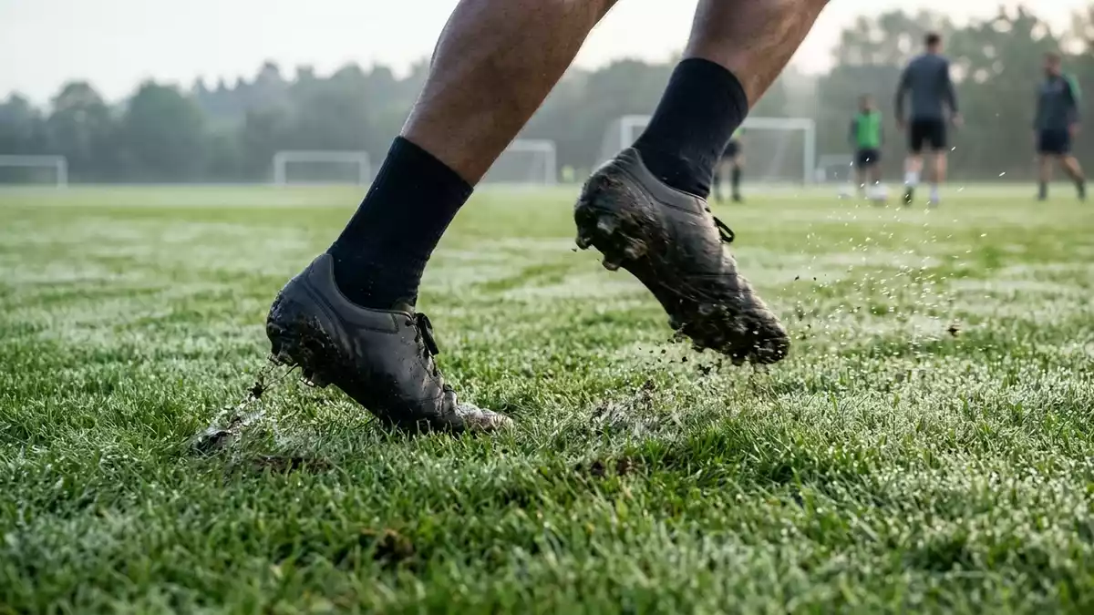 Fotorealistische Ansicht von Fussballschuhe auf dem Fussballplatz in realer Umgebung
