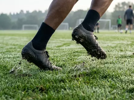 Fotorealistische Aufnahme von Fussballschuhe auf dem Fussballplatz zum Thema Puma Future 7 Pro, natuerliches Licht - Foto: THN