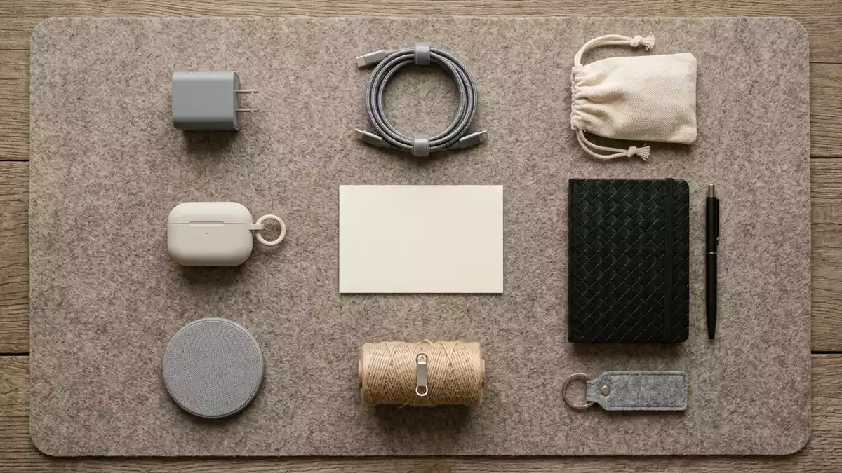 Flatlay-Arrangement rund um Ladegeraet mit passenden Requisiten von oben, neutral
