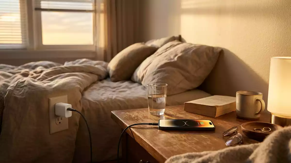 Fotorealistische Ansicht von Ladegeraet am Bett in warmem Abendlicht, neutral