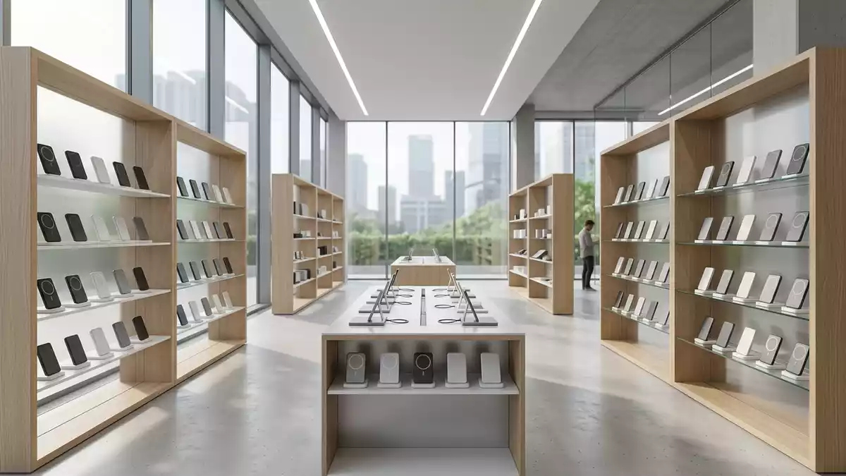 Architektur-Render im Elektronikgeschaeft mit Akku-Pack im Ausstellungsbereich