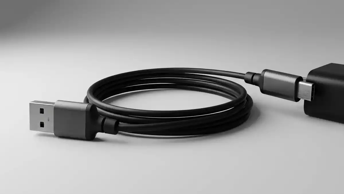Fotorealistische Studioansicht von Ladekabel in neutraler Produktdarstellung, neutral