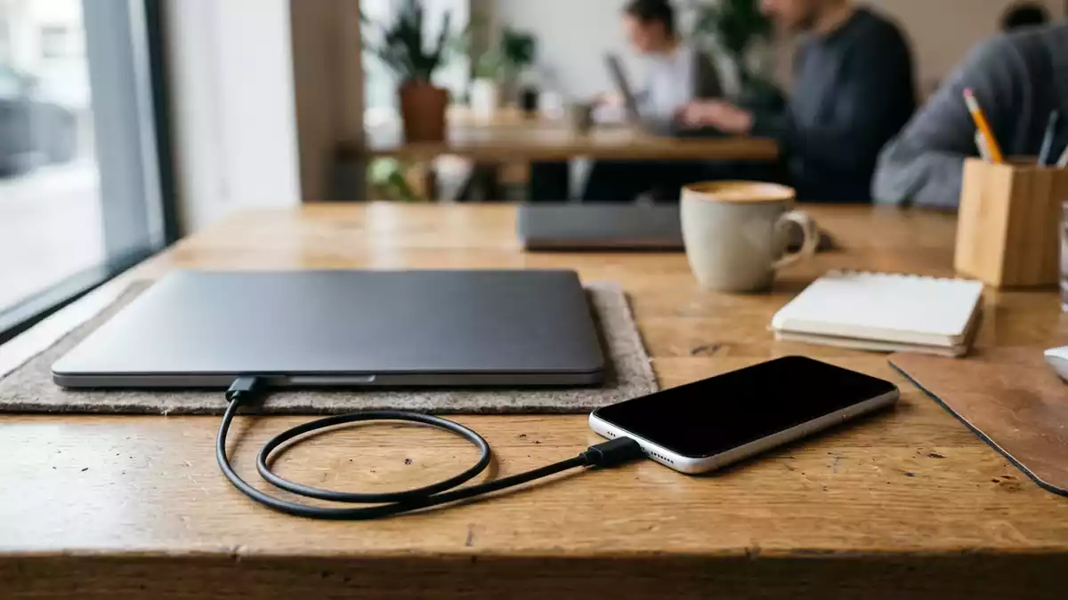 Fotorealistische Ansicht von Ladekabel im Buero in realer Umgebung, sachlich dargestellt
