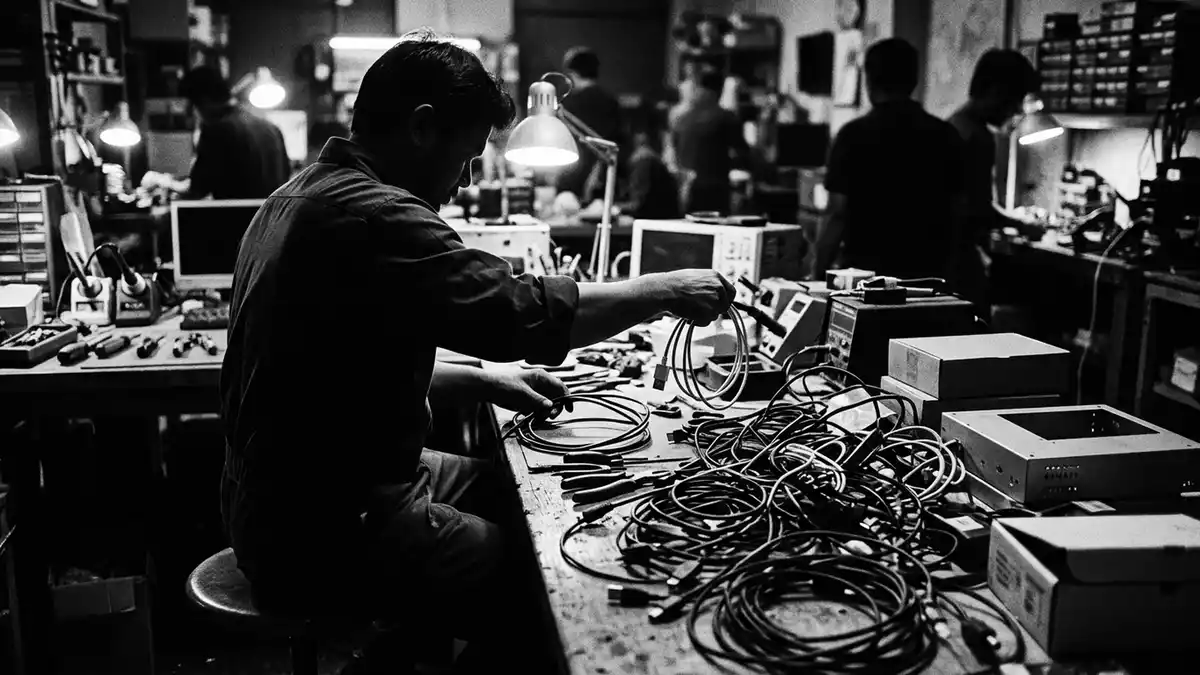 Schwarzweiss-Reportagebild mit Ladekabel in dokumentarischer Arbeitsumgebung, neutral