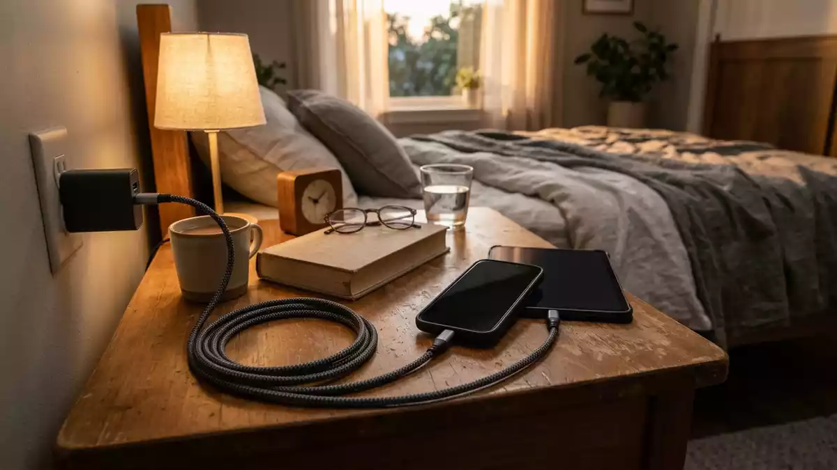 Fotorealistische Ansicht von Ladekabel am Bett in warmem Abendlicht, neutral