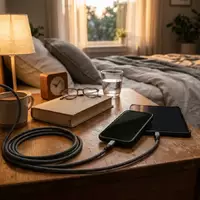 Fotorealistische Aufnahme von Ladekabel am Bett zum Thema UGREEN USB-C auf USB-C, warmes Abendlicht - Foto: THN