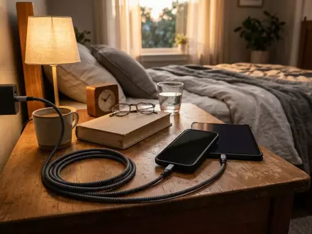 Fotorealistische Aufnahme von Ladekabel am Bett zum Thema UGREEN USB-C auf USB-C, warmes Abendlicht - Foto: THN