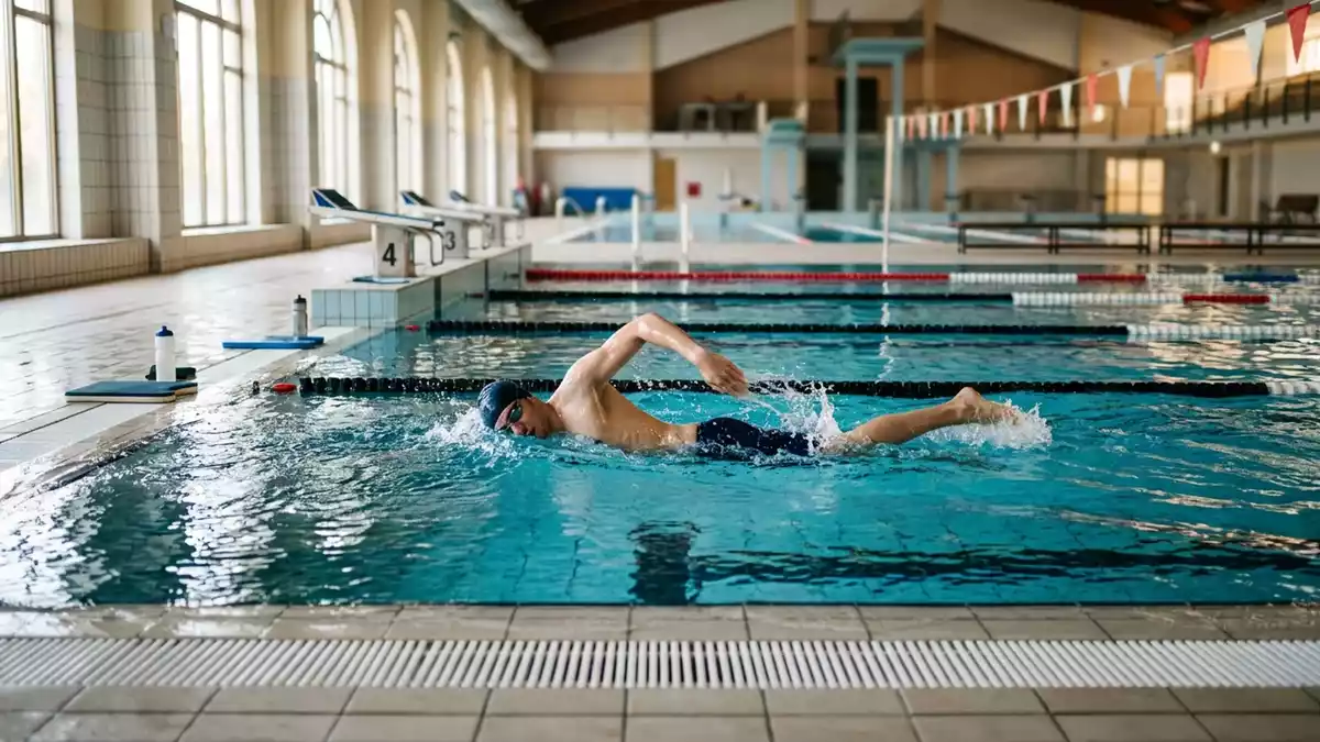 Fotorealistische Ansicht von Jammer-Badehose im Hallenbad in realer Umgebung, neutral
