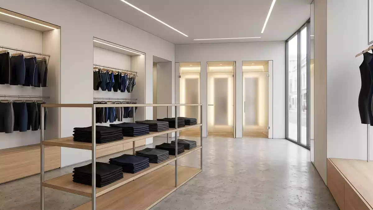 Architektur-Render im Bademodengeschaeft mit Jammer-Badehose im Ausstellungsbereich