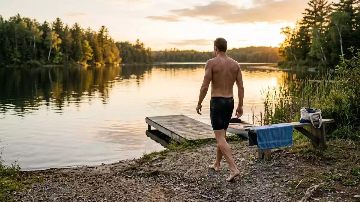 Fotorealistische Ansicht von Jammer-Badehose am Seeufer in warmem Abendlicht, neutral