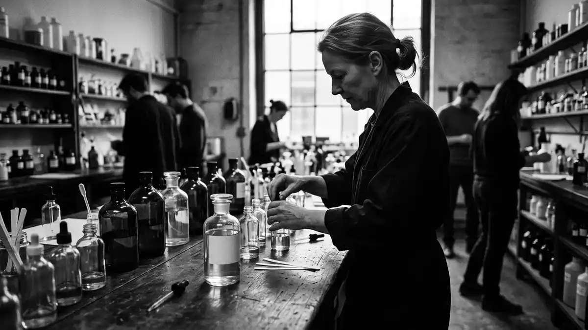 Schwarzweiss-Reportagebild mit Eau de Cologne in dokumentarischer Arbeitsumgebung