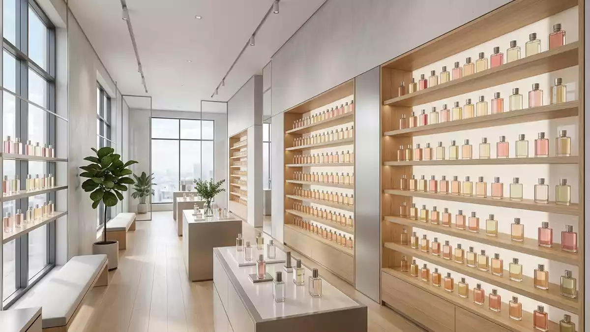 Architektur-Render im Parfuemeriefachhandel mit Eau de Cologne im Ausstellungsbereich
