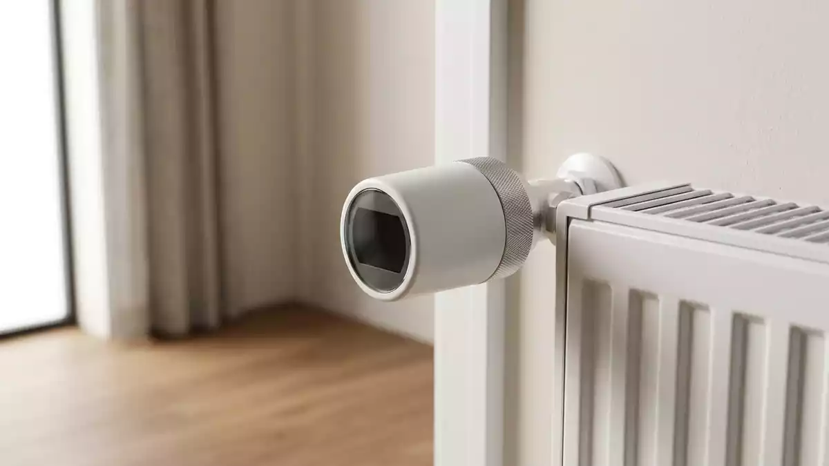 Fotorealistische Studioansicht von Heizungsthermostat in neutraler Produktdarstellung