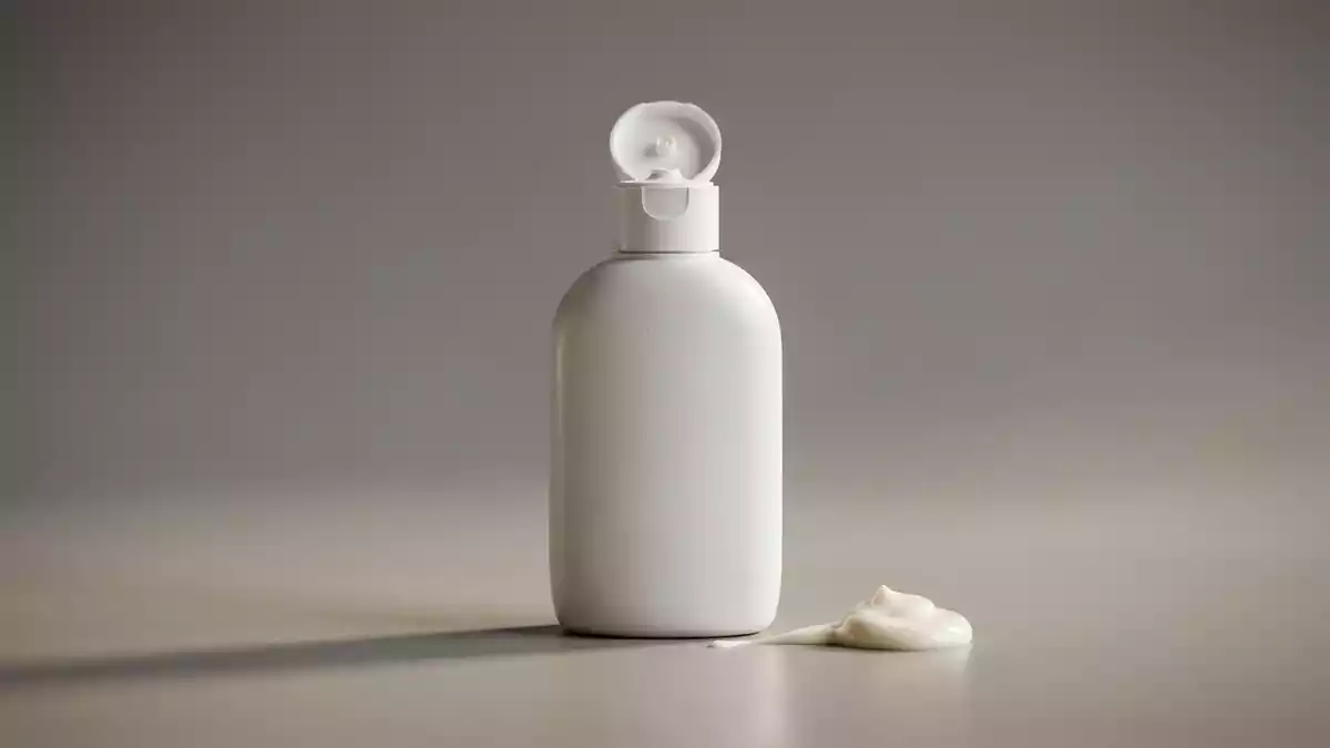 Fotorealistische Studioansicht von Sonnencreme in neutraler Produktdarstellung