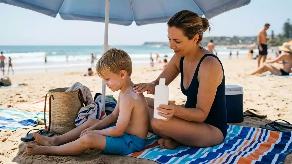 Fotorealistische Ansicht von Sonnencreme am Strand in realer Umgebung, neutral
