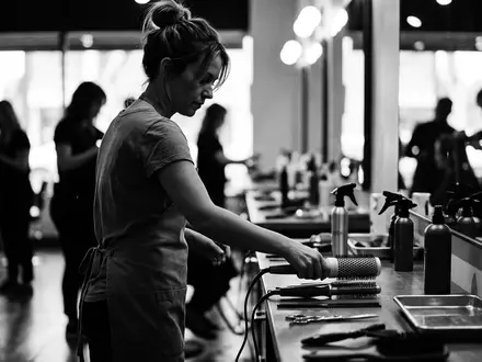 Schwarzweiss-Reportage mit Warmluftbuerste zum Thema BaByliss 5572PE Big Hair, hoher Kontrast, sachlich dargestellt - Foto: THN