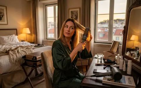 Fotorealistische Aufnahme von Warmluftbuerste im Hotelzimmer zum Thema BaByliss 5572PE Big Hair, warmes Abendlicht - Foto: THN