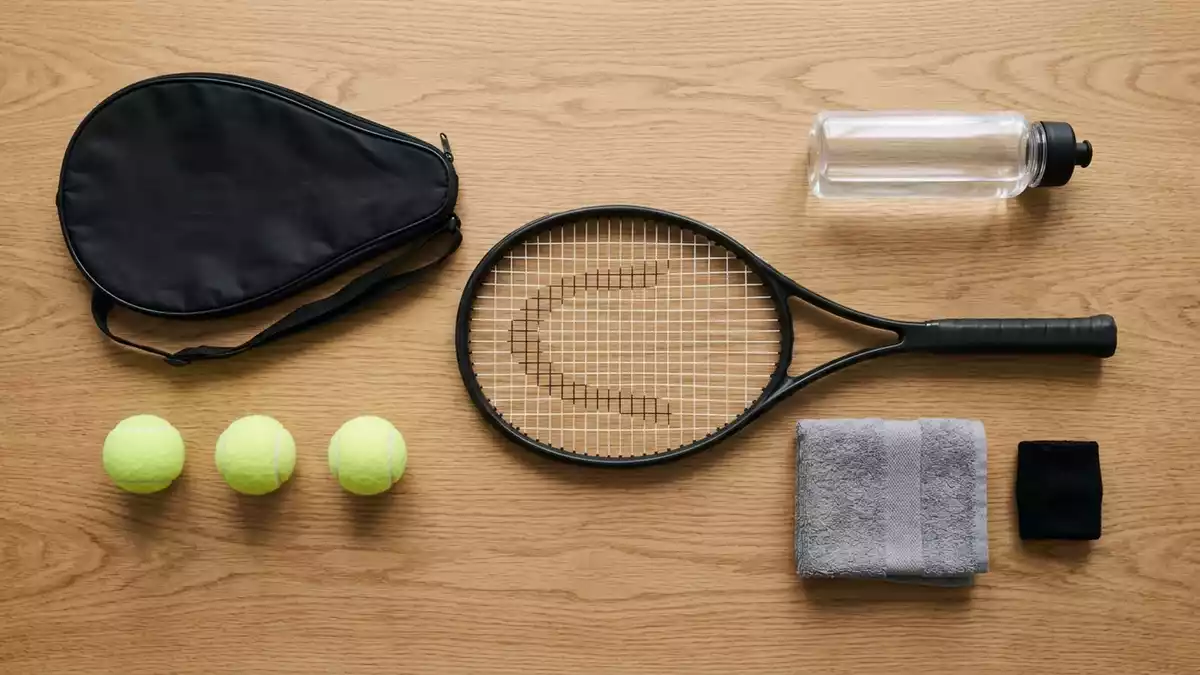 Flatlay-Arrangement rund um Tennisschlaeger mit passenden Requisiten von oben, neutral