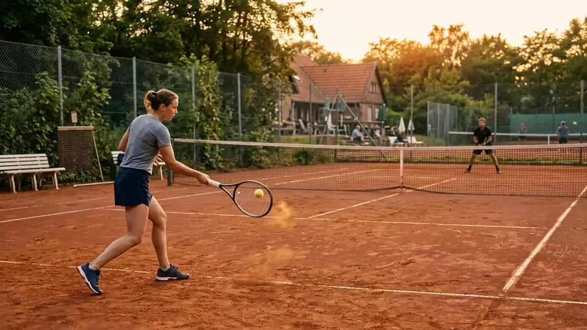 Fotorealistische Ansicht von Tennisschlaeger auf dem Court in warmem Abendlicht