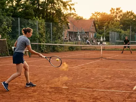 Fotorealistische Aufnahme von Tennisschlaeger auf dem Court zum Thema Babolat Pure Aero 2023, warmes Abendlicht - Foto: THN