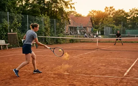Fotorealistische Aufnahme von Tennisschlaeger auf dem Court zum Thema Babolat Pure Aero 2023, warmes Abendlicht - Foto: THN