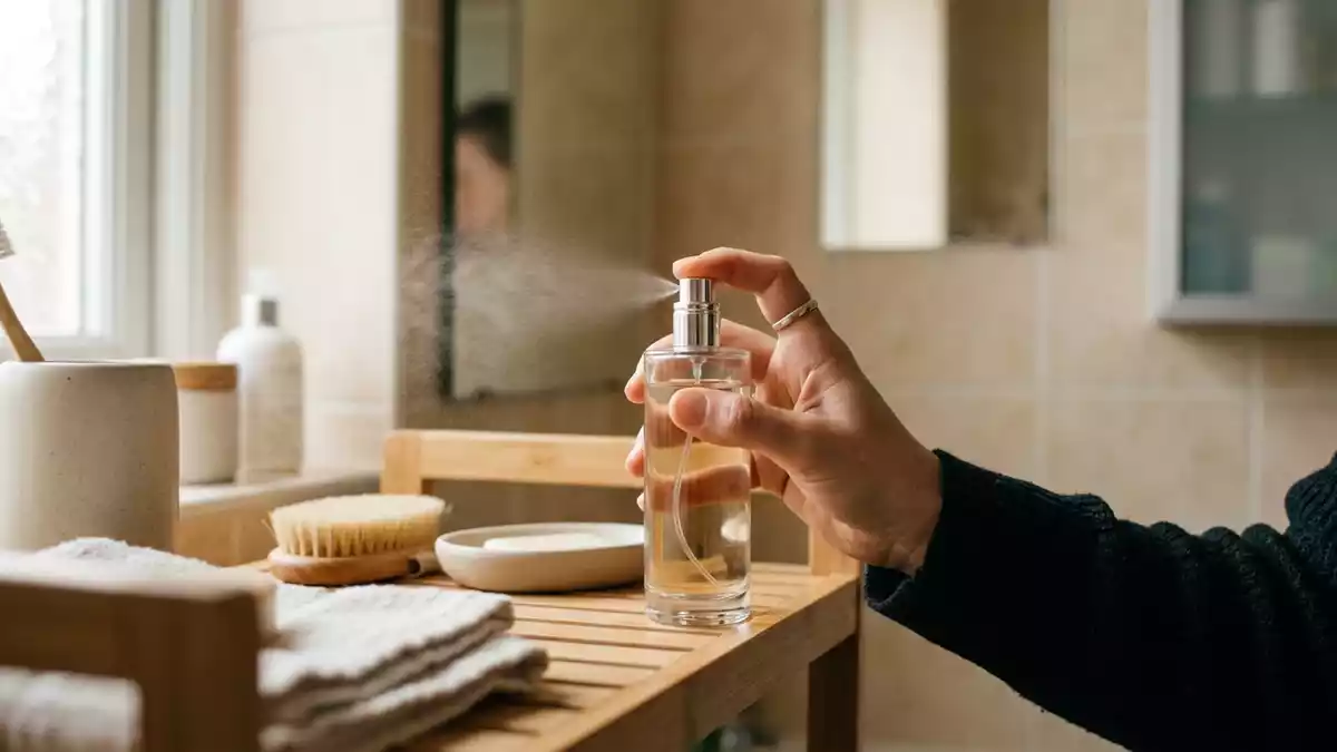Fotorealistische Ansicht von Eau de Toilette im Badezimmer in realer Umgebung, neutral