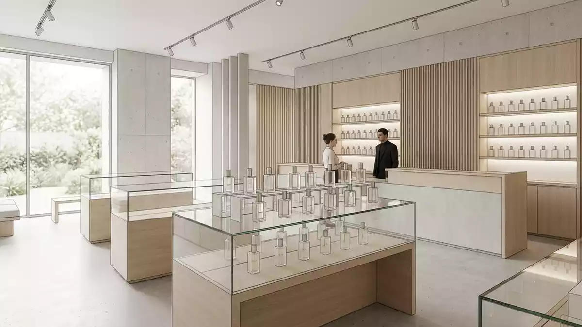 Architektur-Render im Parfuemerie mit Eau de Toilette im Ausstellungsbereich, neutral