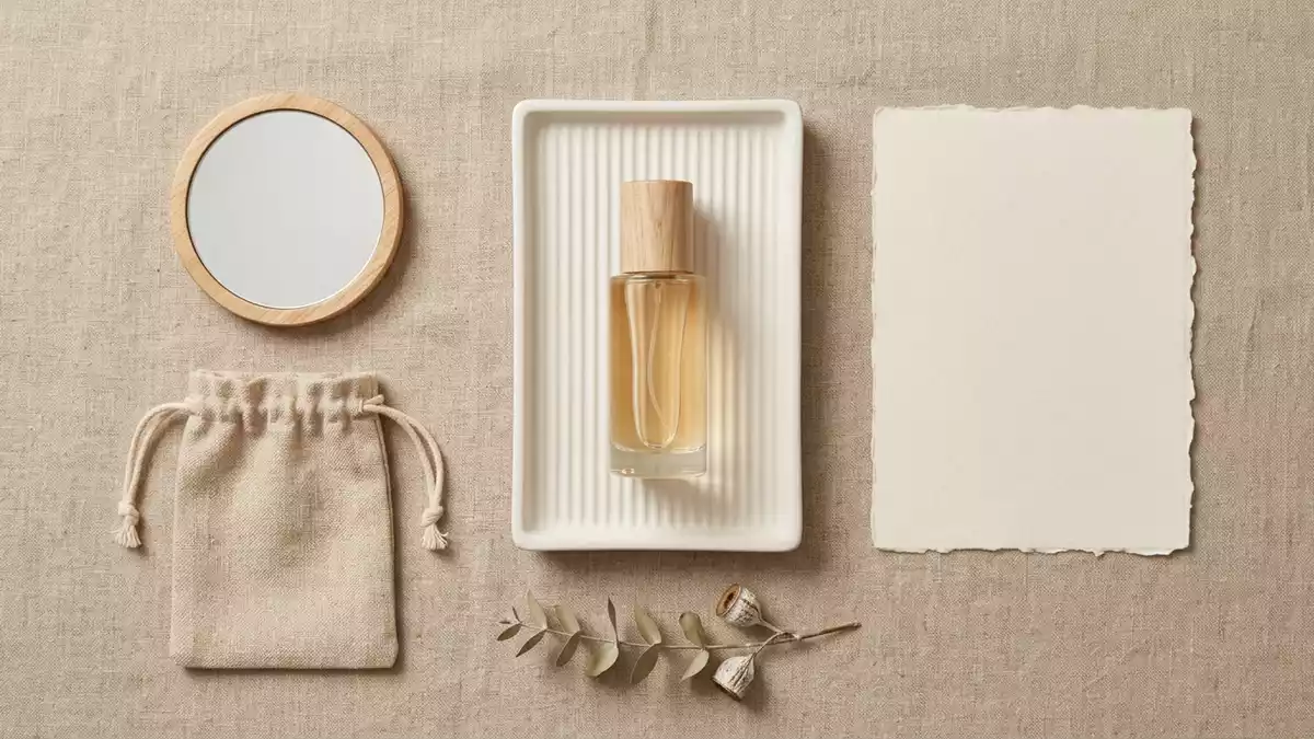 Flatlay-Arrangement rund um Eau de Toilette mit passenden Requisiten von oben, neutral