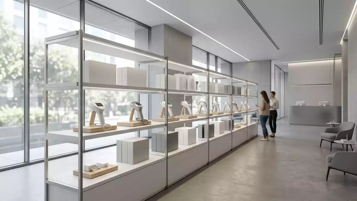 Architektur-Render im Koerperpflegegeschaeft mit Haarentferner im Ausstellungsbereich
